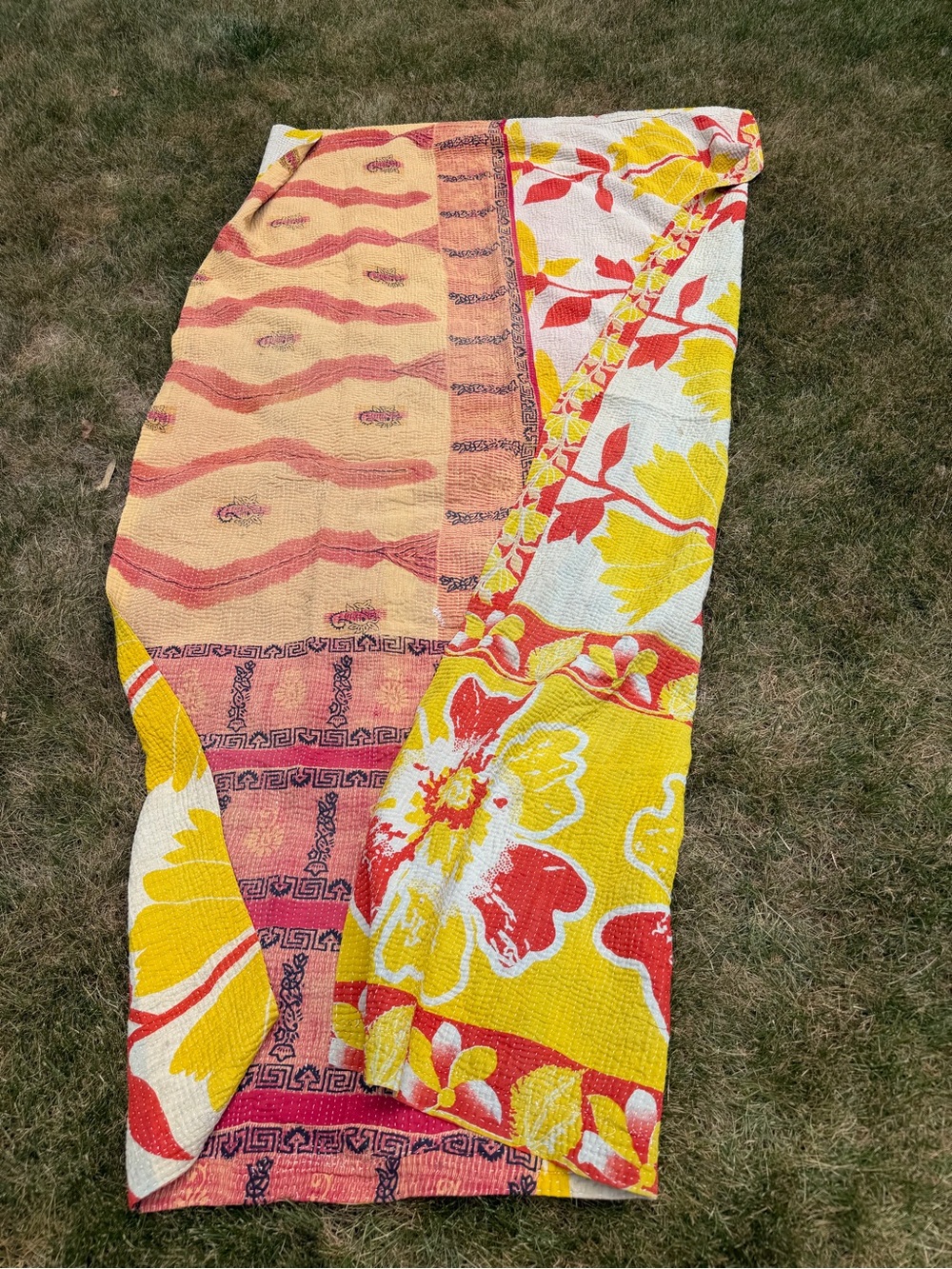 Vintage Indian Kantha Quilt Reversible Cotton Sari Throw Blanket Boho Pink Orang